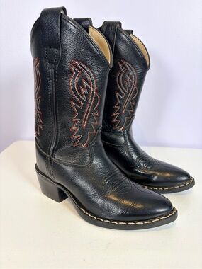 Old West Black Kids Cowboy Boots with Red Stitching